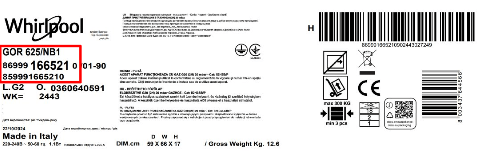 Whirlpool GOR 625/NB1 label example